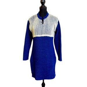 AC Anand Women Medium Royal BlueWhite Knit Dress Tunic Side Slits Metallic